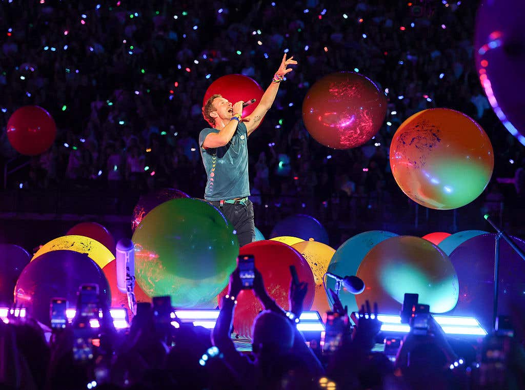 Chris Martin of Coldplay performs on a stop of the band's Music of the Spheres world tour at Allegiant Stadium on June 06, 2025 in Las Vegas, Nevada.