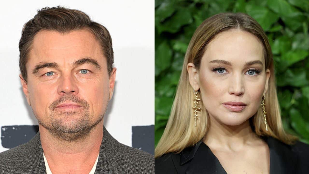 A split image of Leonardo Decaprio on the left and Jennifer Lawrence on the right.
