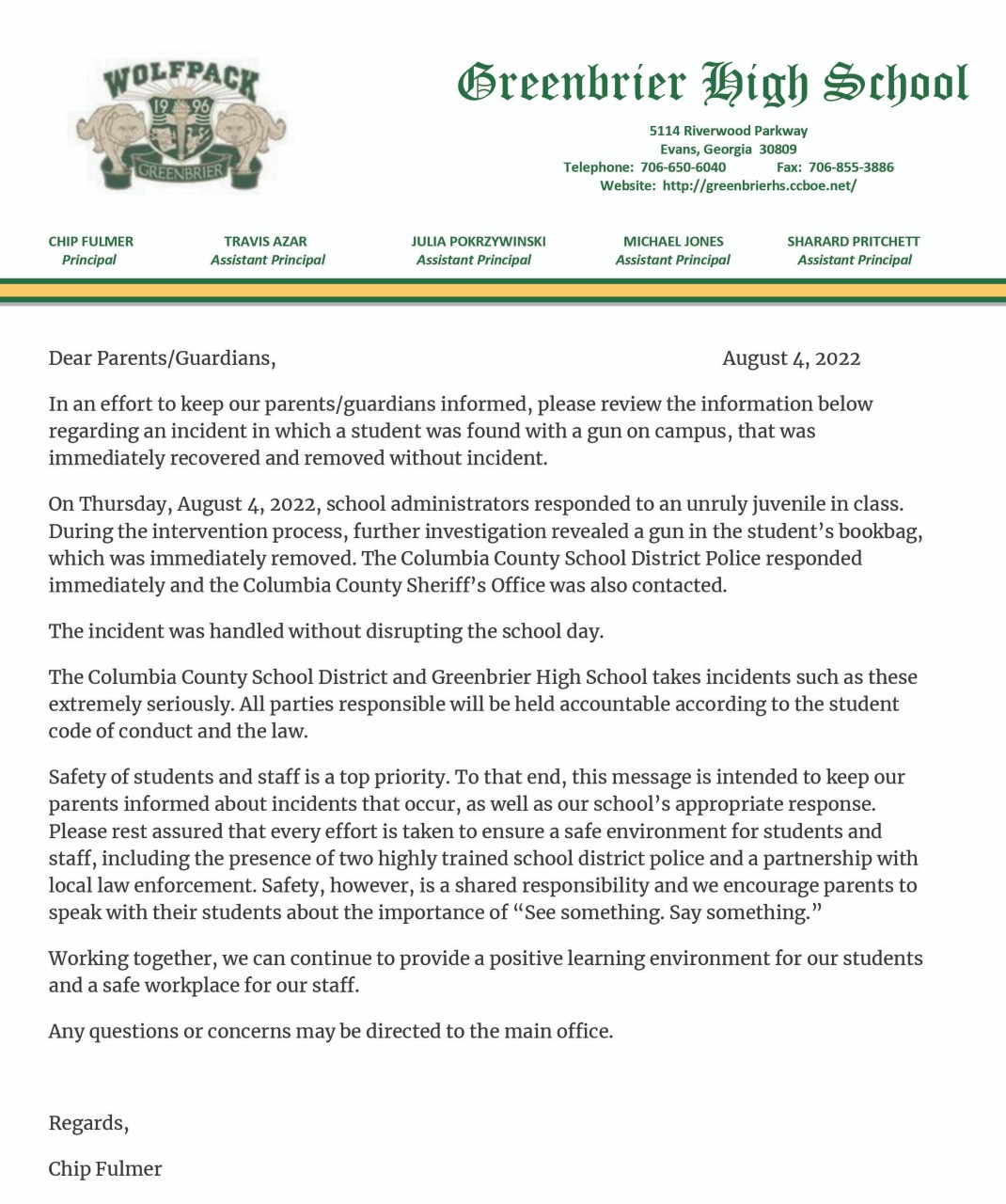 GHS Letter to Parents