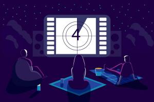 Outdoor movie theater night with friends. Watching film on big screen with sound system. Open air cinema backyard theater gear concept Vector illustration